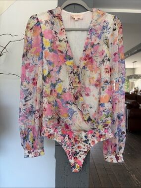 Rococo SAND Floral Ruffle Surplice Bodysuit - Pink Multi